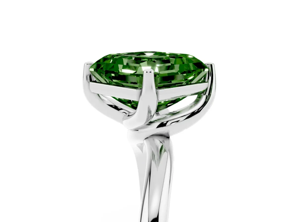 Fancy Green Asscher Cut Diamond Solitaire Engagement Ring with Four-Prong Setting and Classic Band Silver