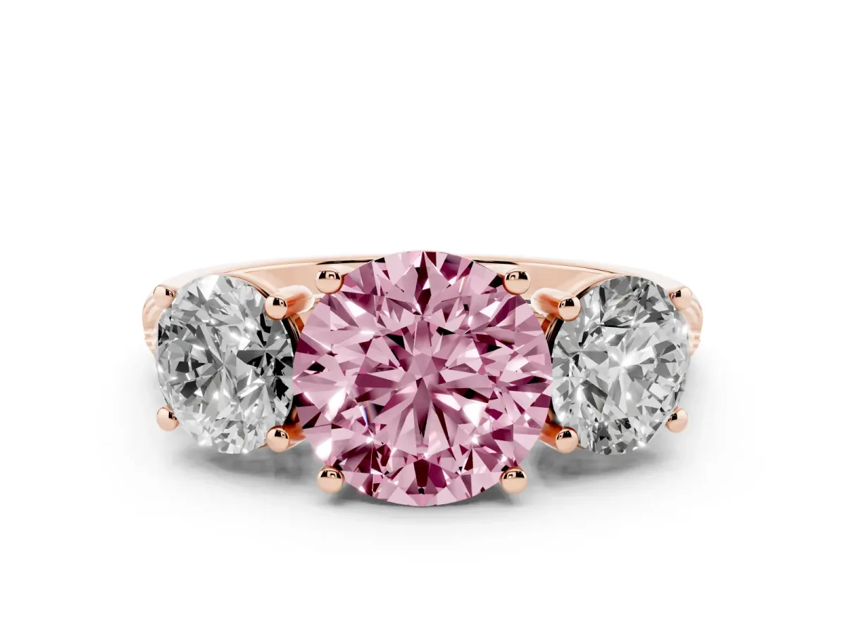 Fancy Pink Three-Stone Round Cut Diamond Ring with Round Pavé Band and Prong Setting Rose gold
