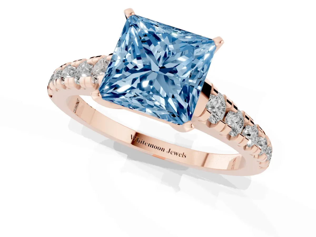 Fancy Blue Princess Cut Diamond Cathedral Solitaire Ring with Round Pavé Band Rose gold