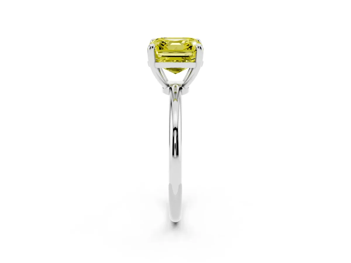 Fancy Yellow Asscher Cut Solitaire Diamond Ring with 4-Prong Setting on a Classic Band Silver