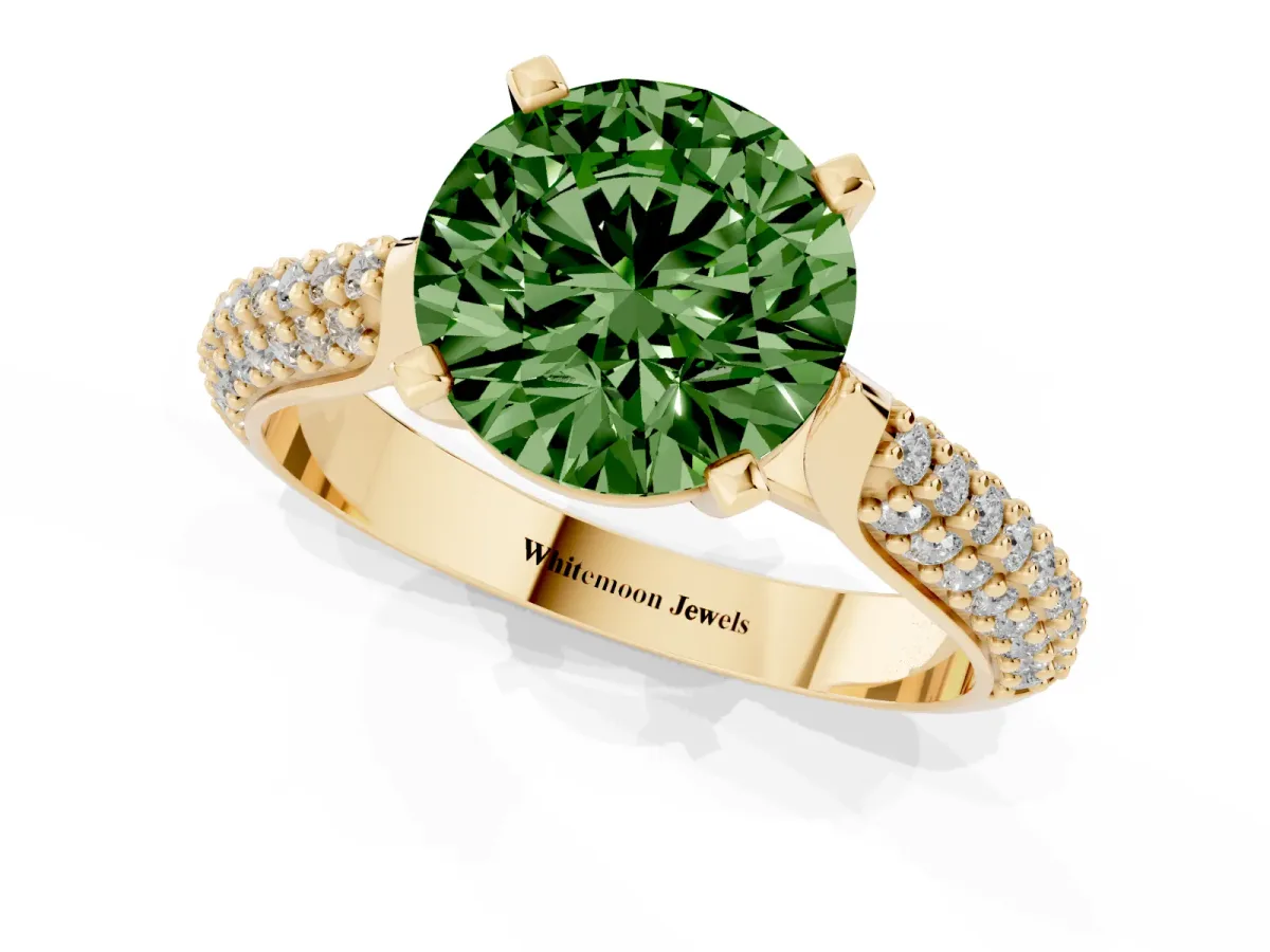 Fancy Green Round Cut Diamond Solitaire Engagement Ring with Multi-Row Round Pavé Band and Prong Setting Yellow gold