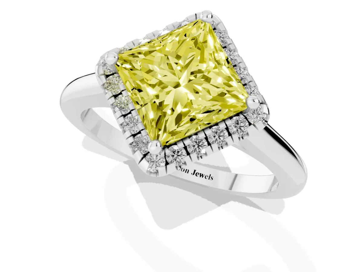 Fancy Yellow Princess Cut Halo Round Diamond Solitaire Engagement Ring with Pave Band and Four-Prong Setting Silver