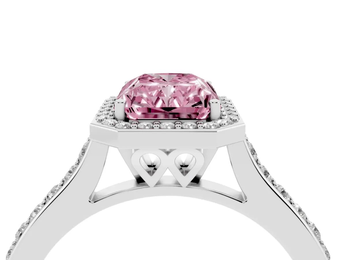 Fancy Pink Radiant Cut Diamond Halo Engagement Ring with Round Pavé Shoulders and Prong Setting Platinum