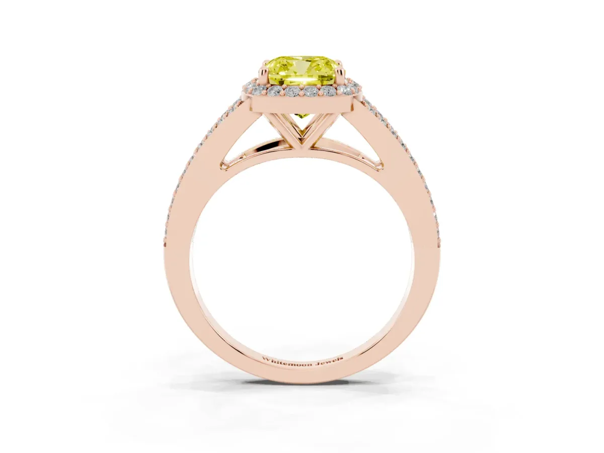 Fancy Yellow Cushion Cut Halo Split Shank Pave Diamond Ring with Four-Prong Setting Rose gold