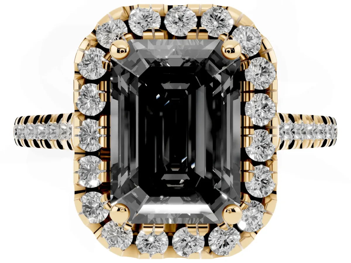 Fancy Black Emerald Cut Diamond Cushion Halo Ring with Pavé Band Yellow gold