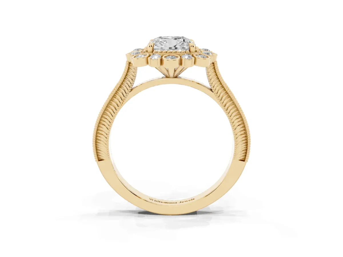 Cushion Cut Halo Milgrain Pave Diamond Ring with Four-Prong Setting Yellow gold