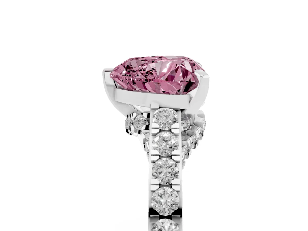 Fancy Pink Heart Cut Diamond Solitaire Ring with Crossover Gallery and Round Pavé Band White gold