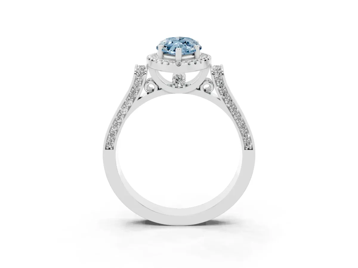 Fancy Blue Marquise Cut Halo Round Diamond Twist Band with Four-Prong Setting White gold
