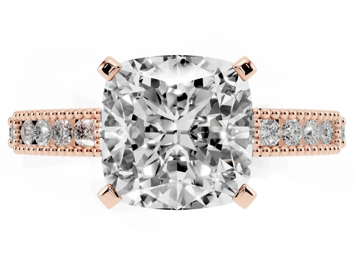 Cushion Cut Solitaire with Pavé Band and Four-Prong Setting Rose gold