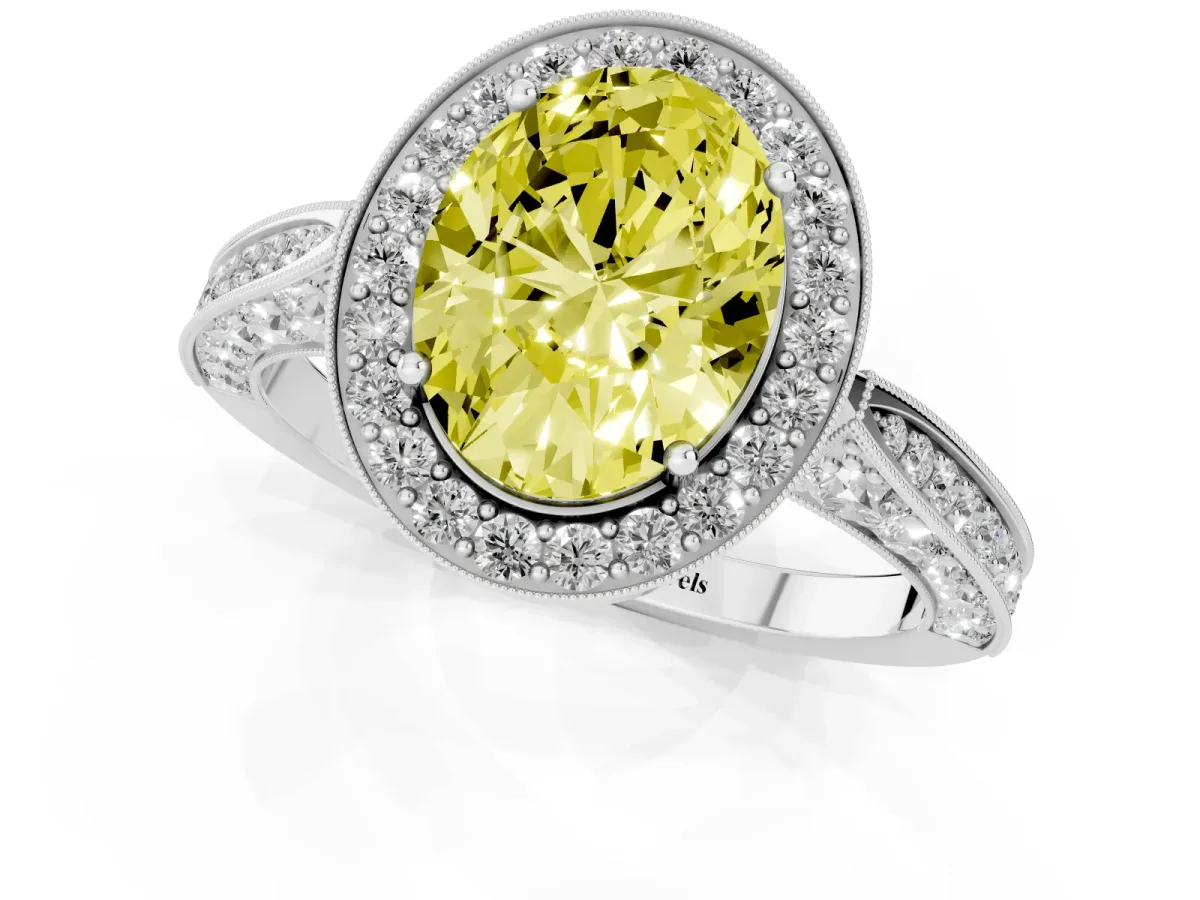 Fancy Yellow Oval Cut Halo Diamond Engagement Ring with Split Shank Band and Four-Prong Setting Silver