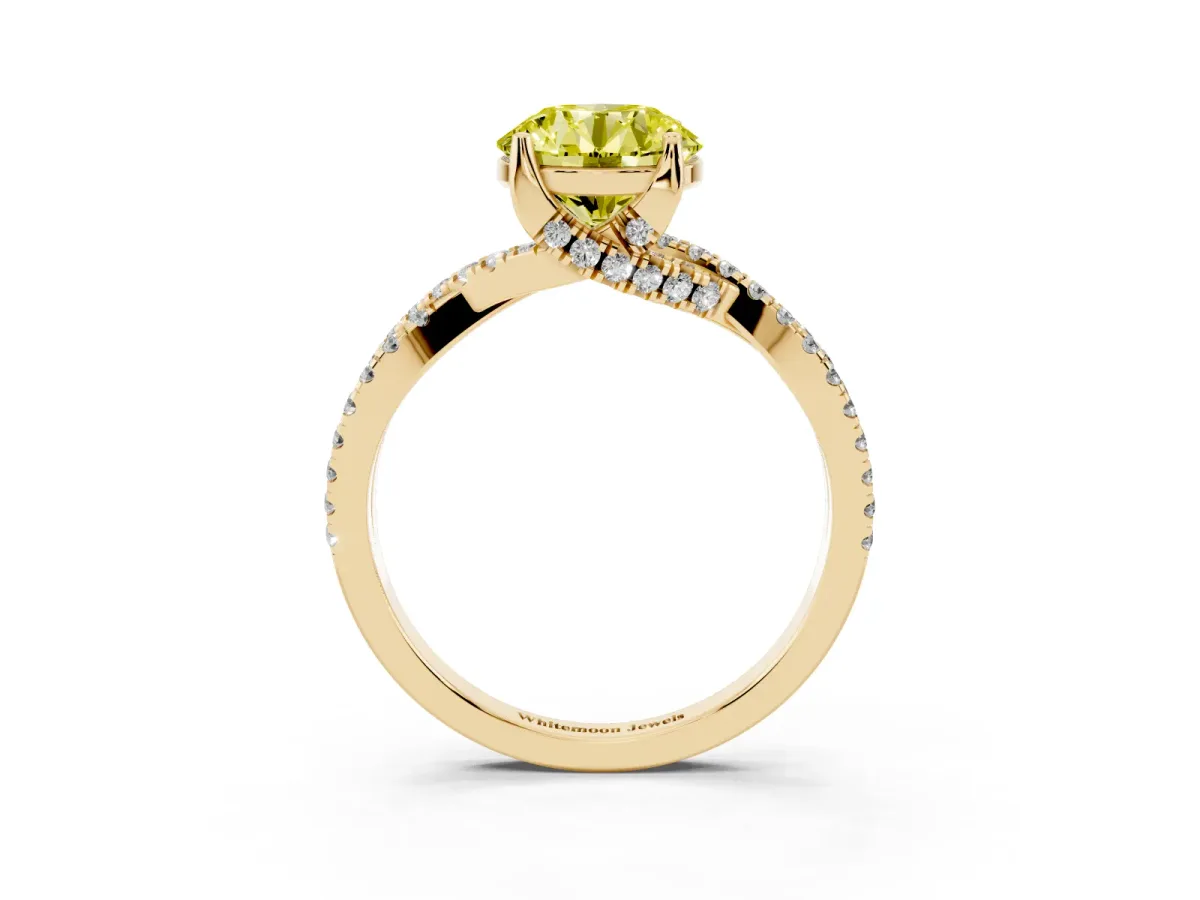 Fancy Yellow Round Cut Solitaire Twist Pave Diamond Engagement Ring with Prong Setting Yellow gold