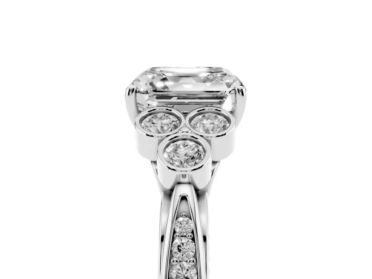 Asscher Cut Cut Diamond Engagement Ring with Bezel Set Round Side Stones and Prong Setting Silver