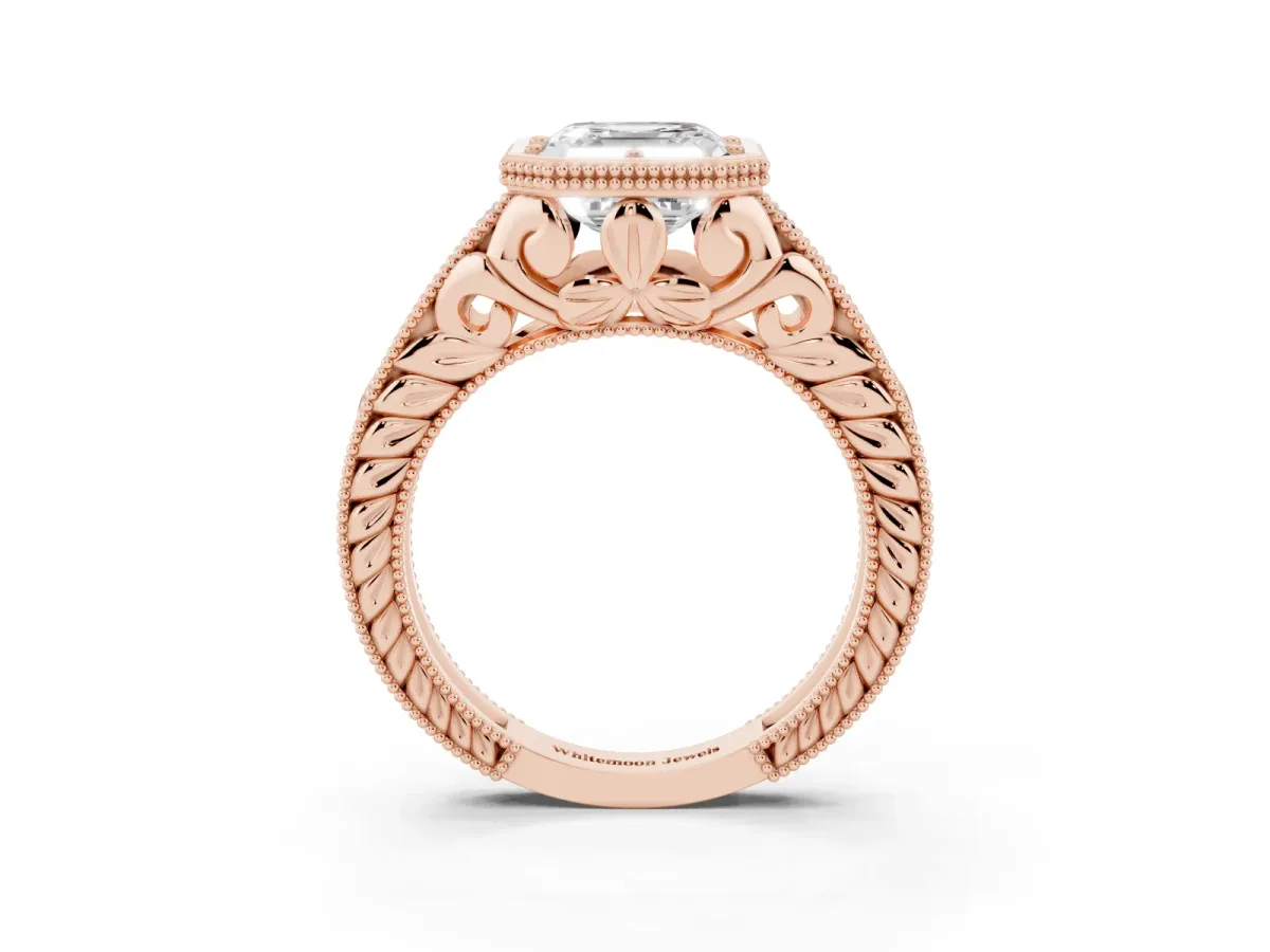 Bezel Set Asscher Cut Diamond Milgrain Pave Engagement Ring Rose gold
