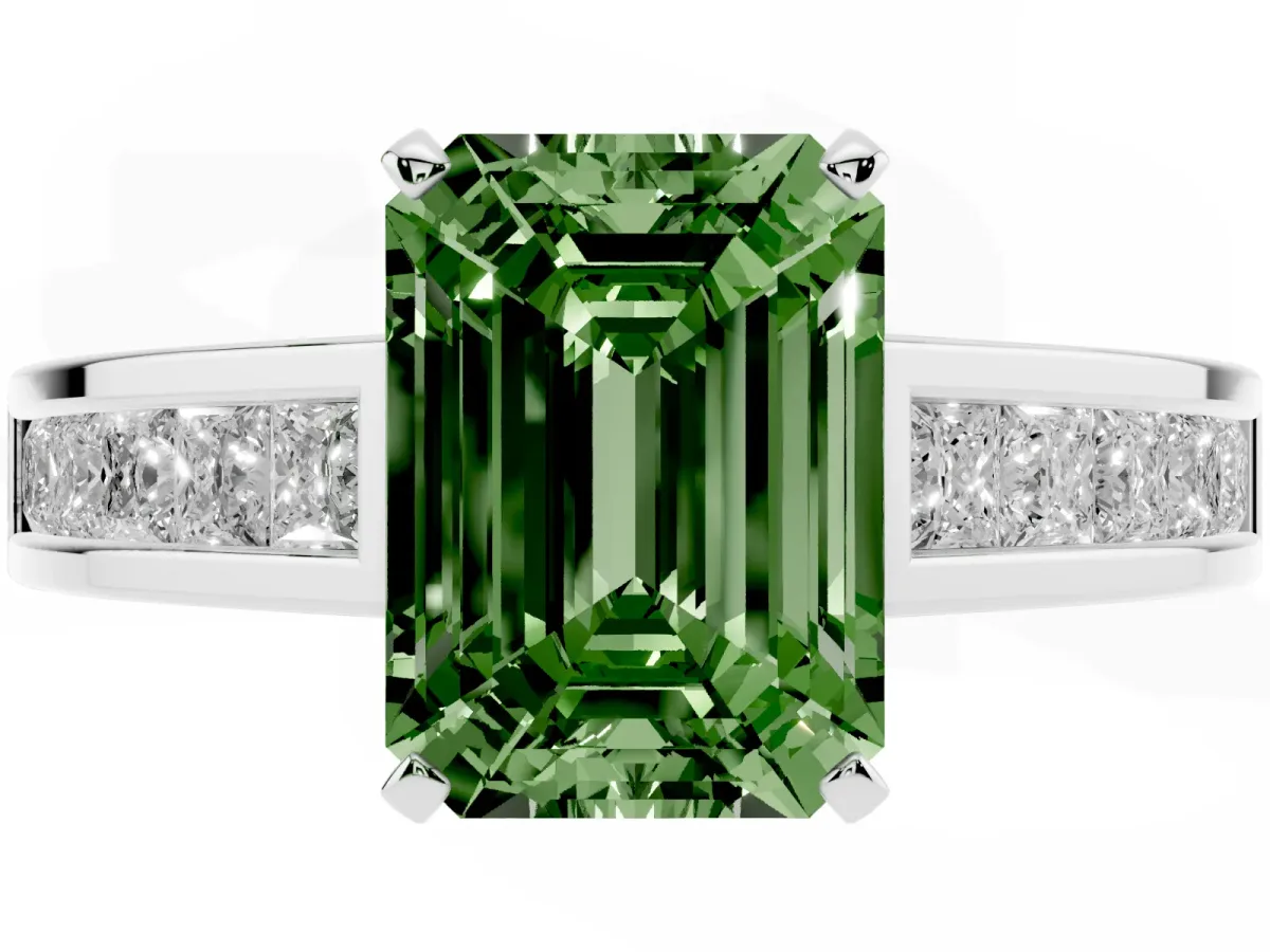 Fancy Green Emerald Cut Solitaire Diamond Ring with Channel-Set Band and Four-Prong Setting White gold