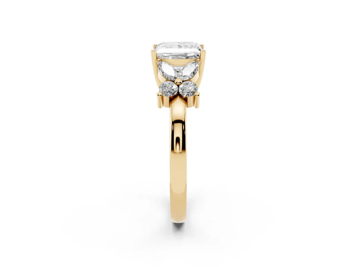 Princess Cut Diamond Floral Cluster Ring with Solitaire Band and Prong Setting Yellow gold