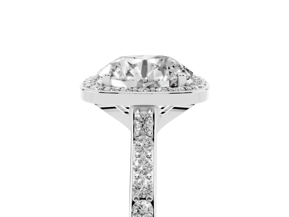 Round Cut Diamond Halo Engagement Ring with Round Pavé Shoulders and Prong Setting Silver