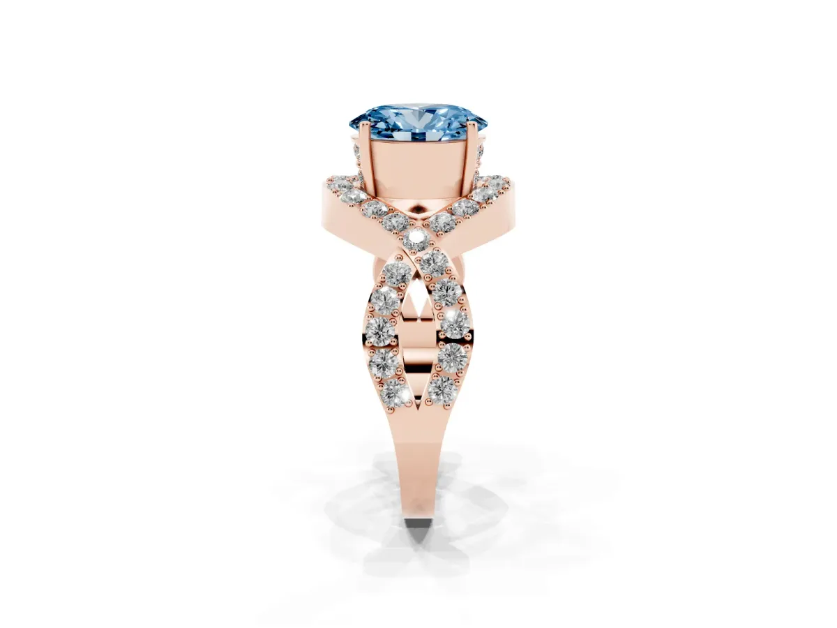 Fancy Blue Oval Cut Solitaire Twist Band Pavé Diamond Engagement Ring Rose gold