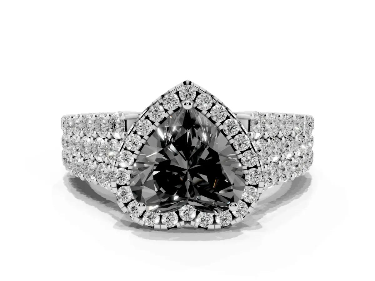 Fancy Black Heart Cut Diamond Halo Engagement Ring with Triple Row Round Pavé Band and Prong Setting Silver