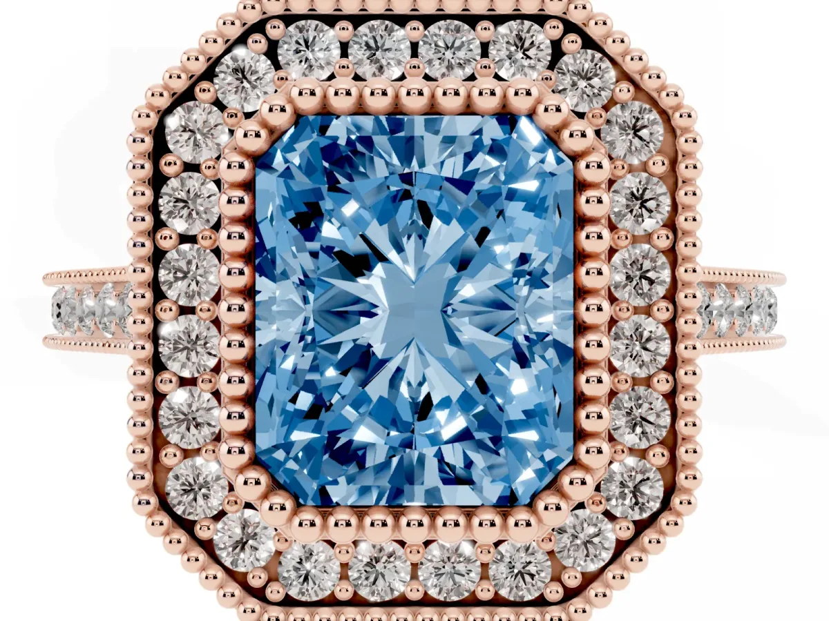 Fancy Blue Radiant Cut Diamond Halo Ring with Milgrain Frame and Pavé Band Rose gold