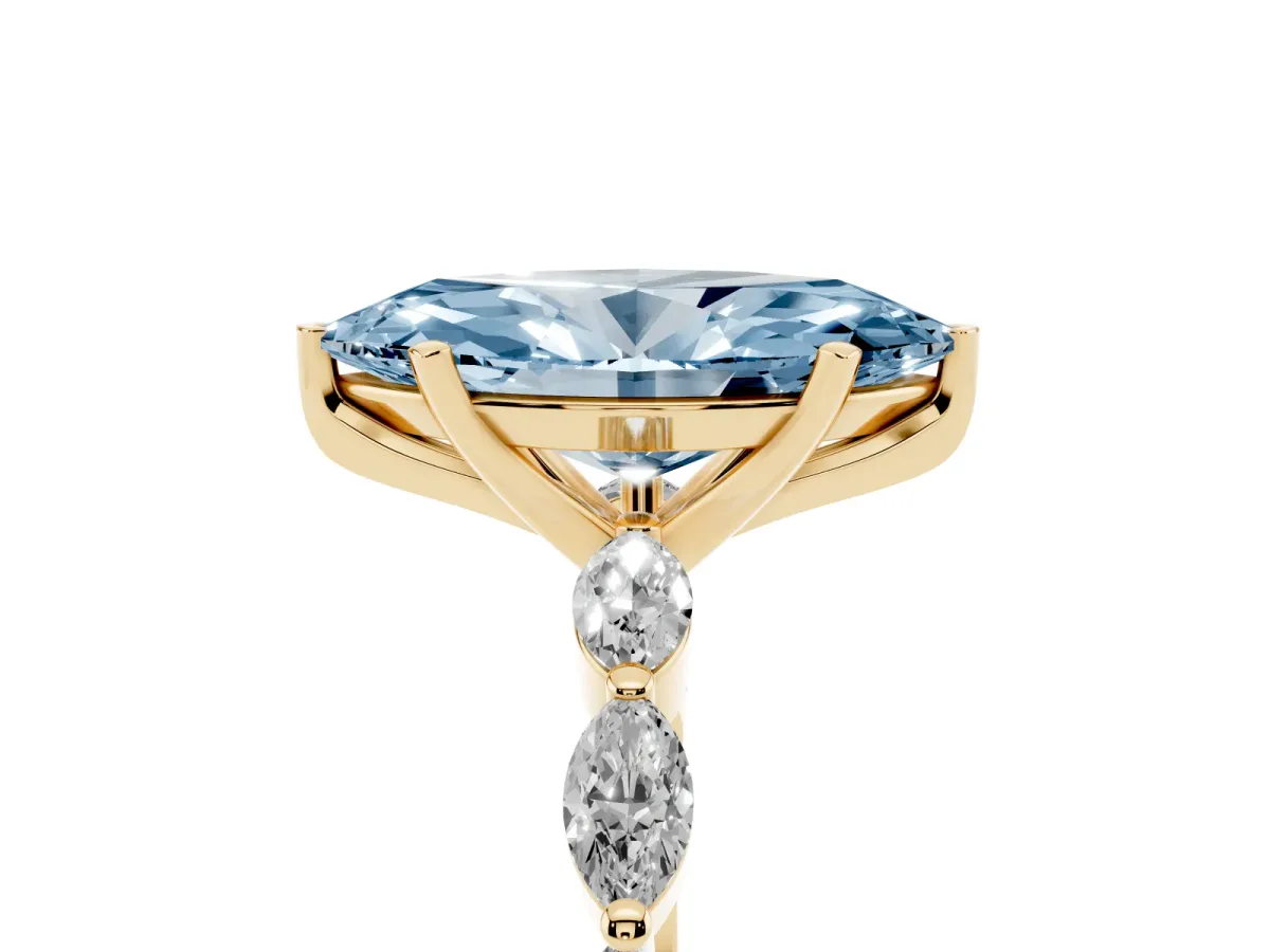 Fancy Blue Marquise Cut Diamond Ring with Marquise Side Stones and Prong Setting Yellow gold