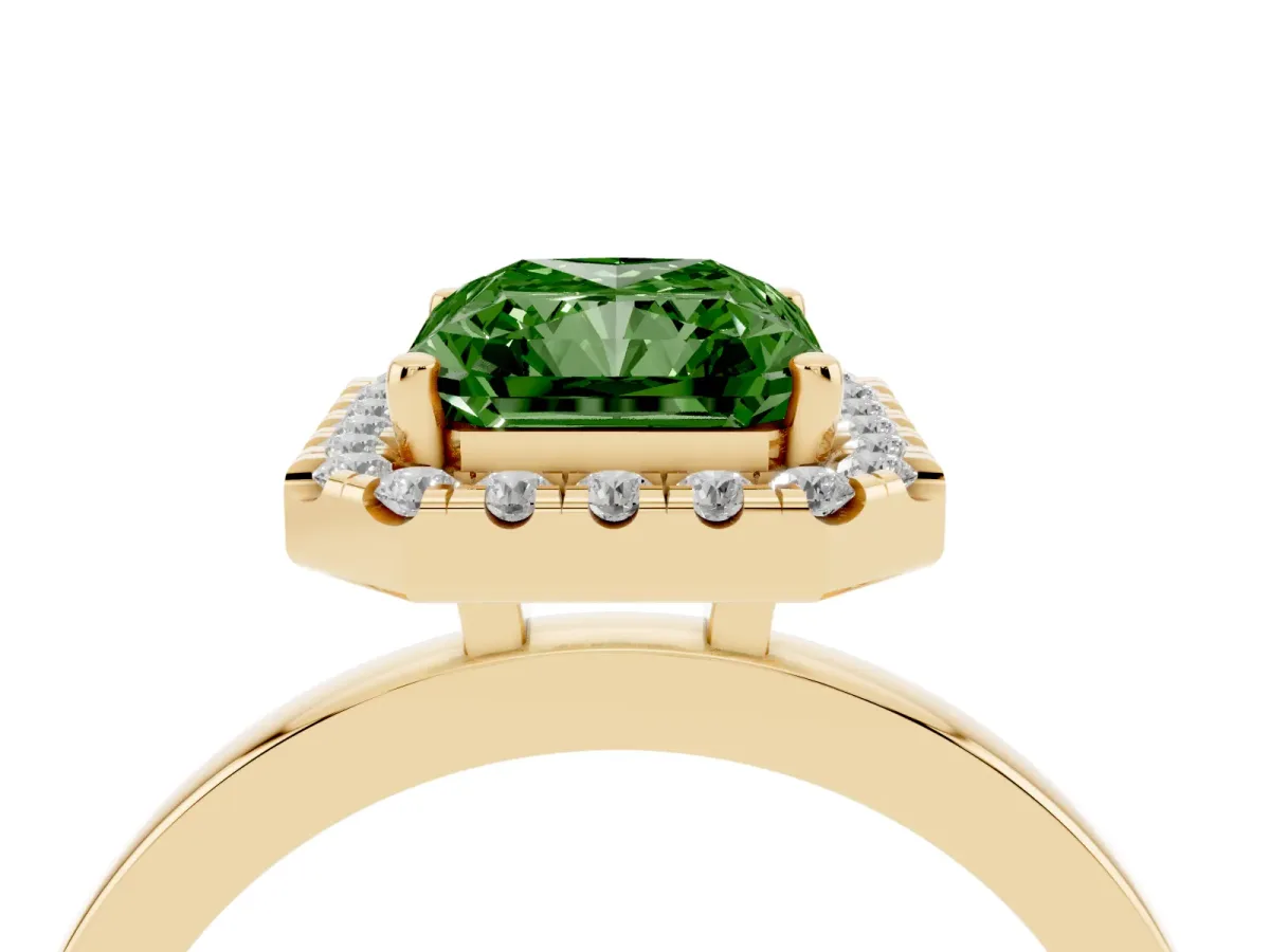 Fancy Green Radiant Cut Halo Diamond Solitaire with Pavé Band and Four-Prong Setting Yellow gold