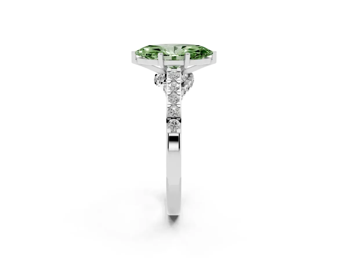 Fancy Green Marquise Cut Diamond Solitaire Ring with Crossover Gallery and Round Pavé Band White gold