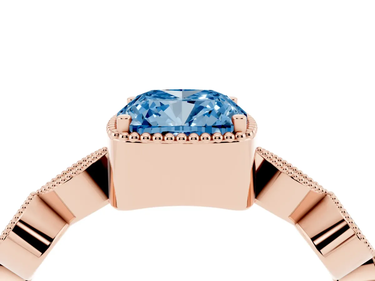 Fancy Blue Cushion Cut Diamond Vintage Milgrain Ring with Round Stations Rose gold