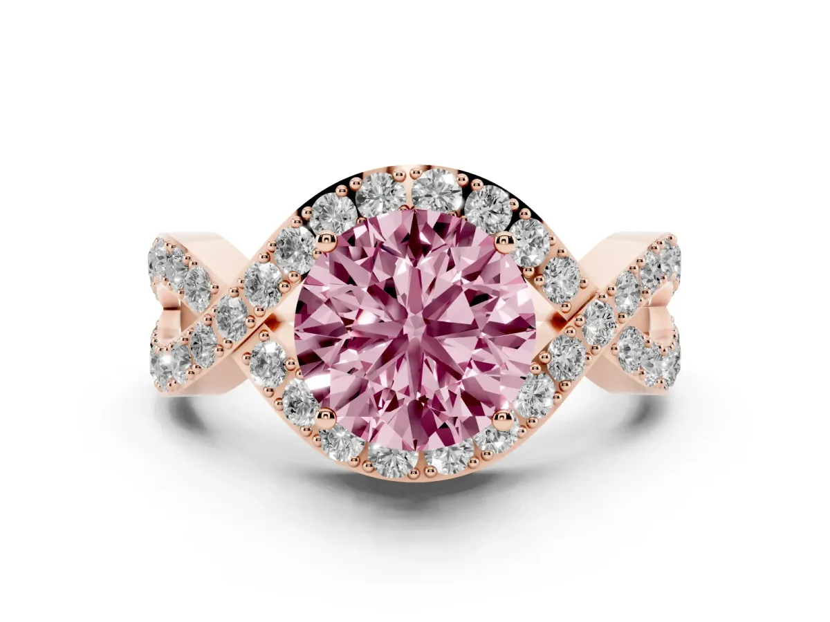 Fancy Pink Round Cut Solitaire Twist Band Pavé Diamond Engagement Ring Rose gold