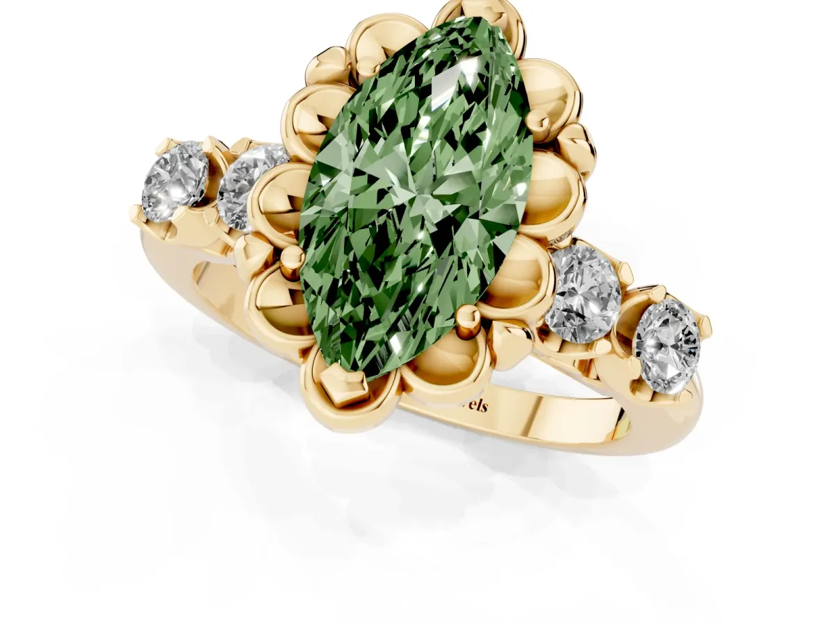 Fancy Green Marquise Cut Cut Diamond Floral Halo Engagement Ring with Shared Prong Setting Yellow gold