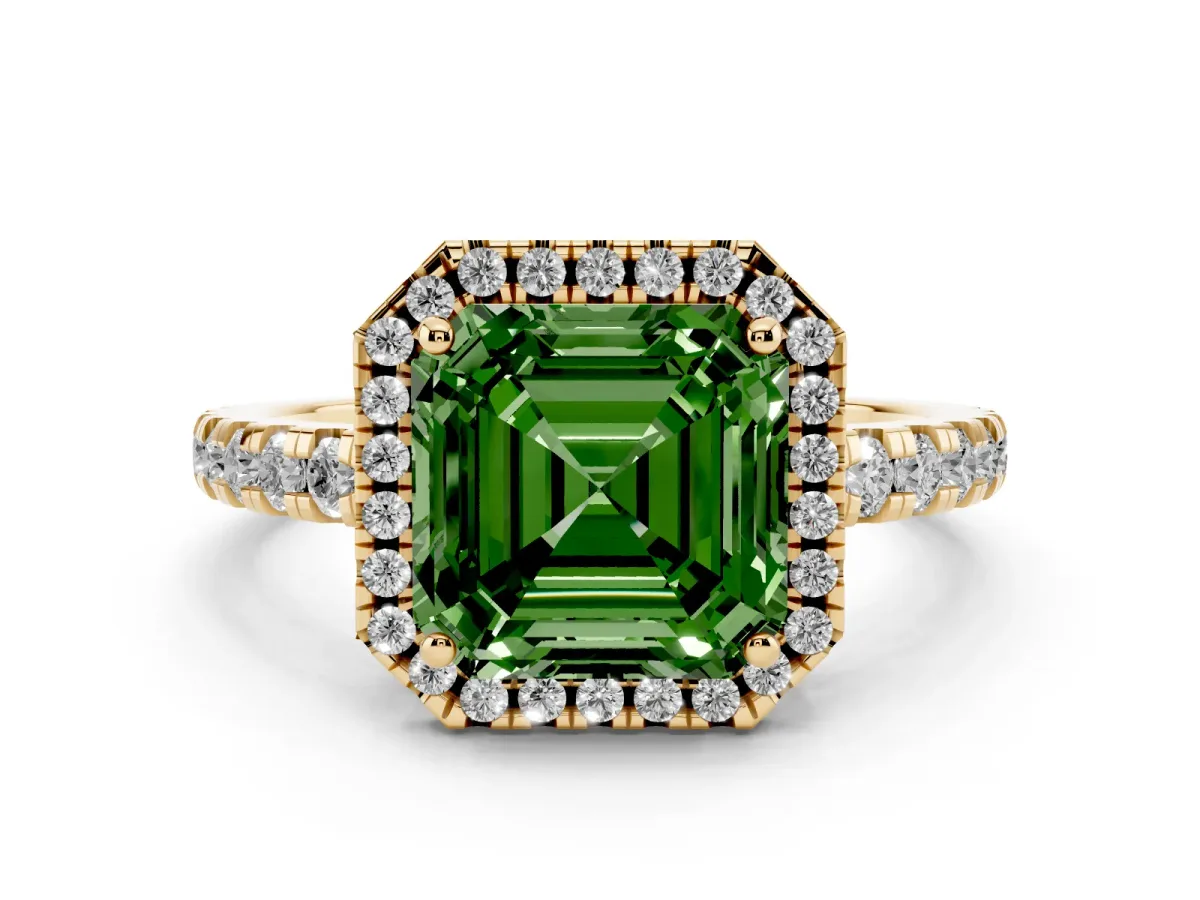 Fancy Green Asscher Cut Diamond Halo Ring with Pavé Band and Four-Prong Setting Yellow gold