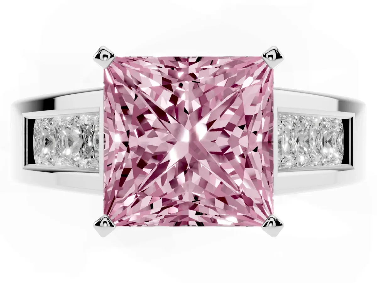 Fancy Pink Princess Cut Cut Channel Set Solitaire Ring with Four-Prong Setting Platinum