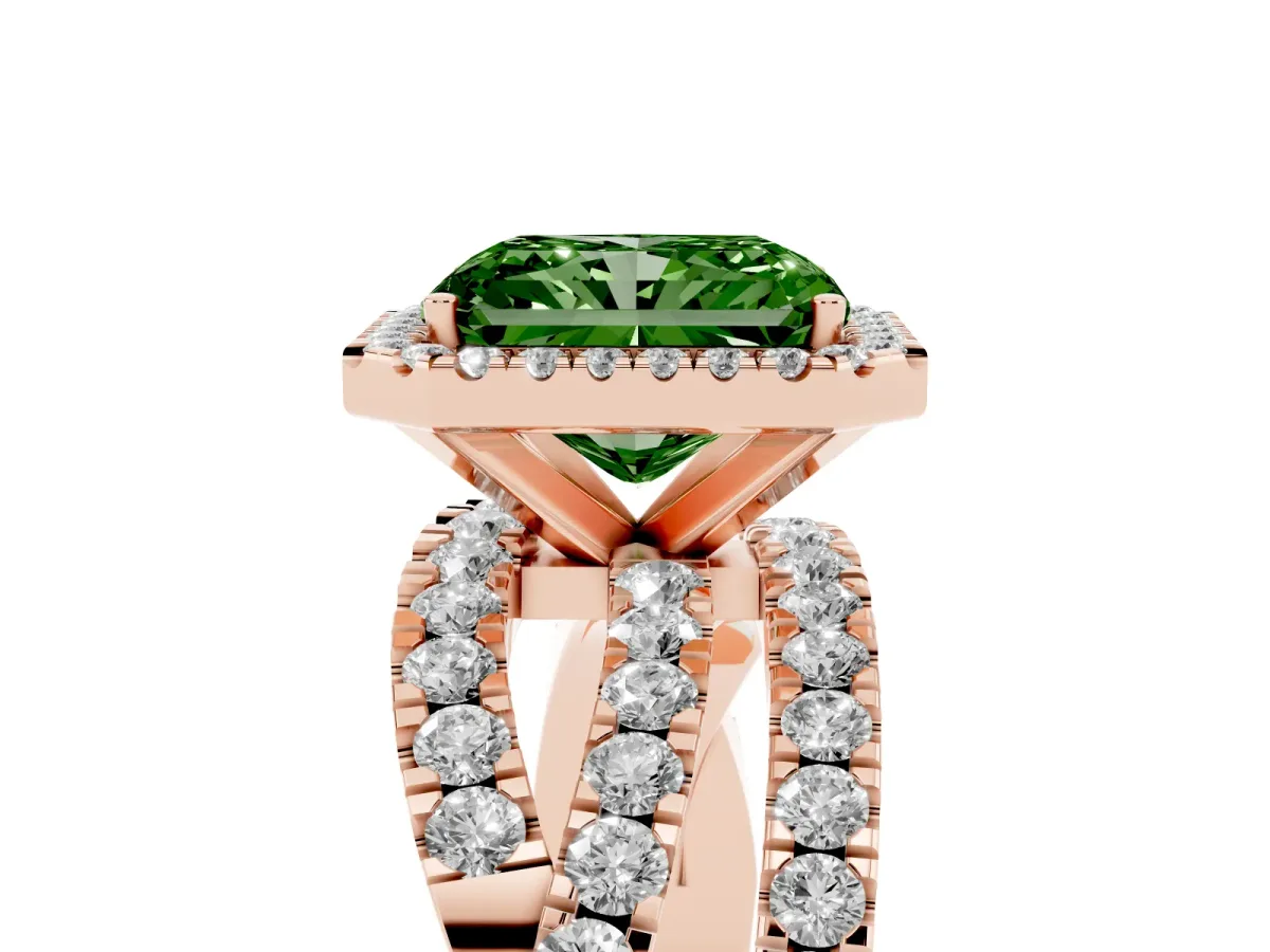 Fancy Green Radiant Cut Diamond Halo Ring with Round Split Shank and Prong Setting Rose gold