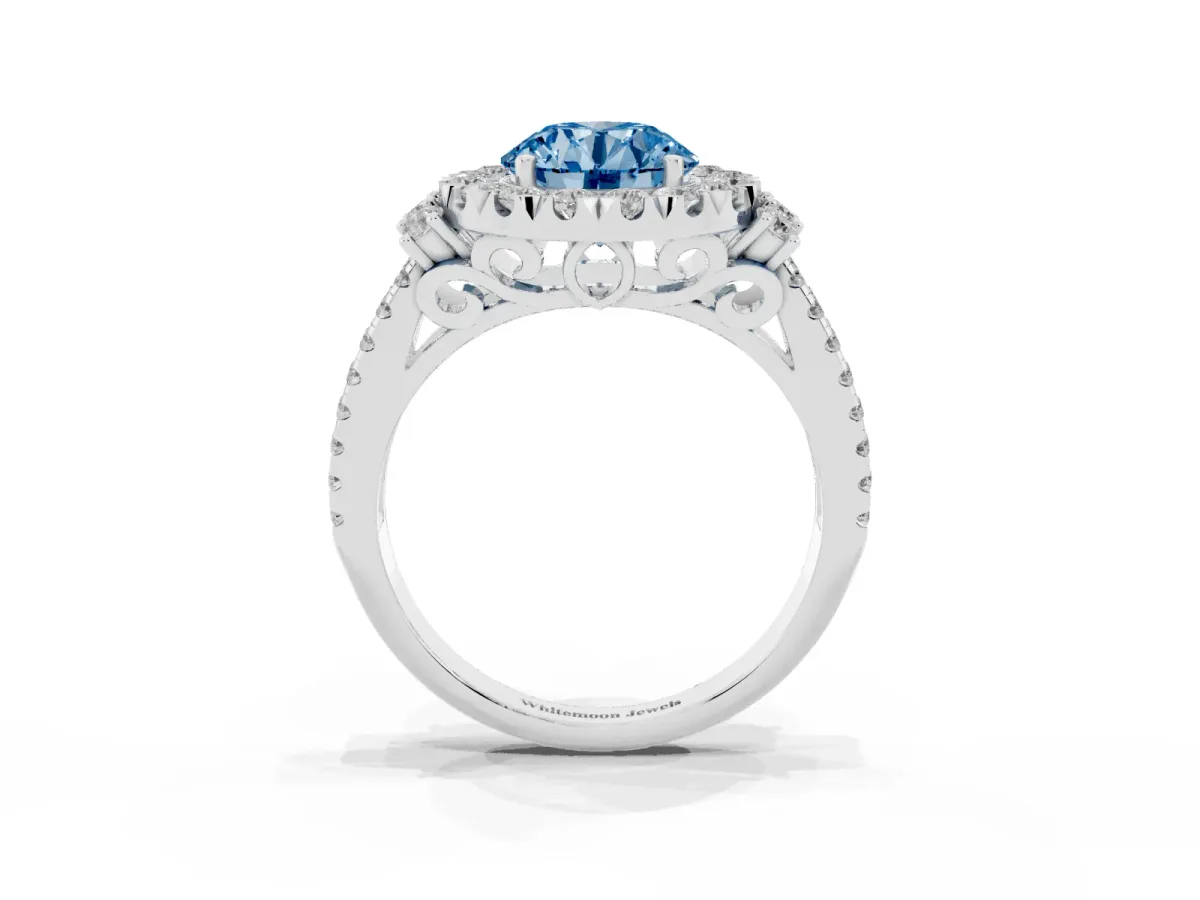 Fancy Blue Round Cut Cut Double Halo Diamond Engagement Ring with Pave Band and Four-Prong Setting Silver