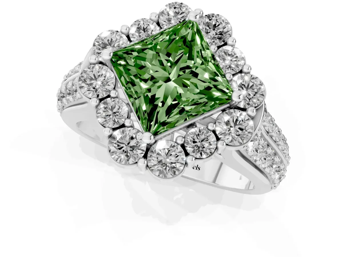 Fancy Green Princess Cut Halo Diamond Engagement Ring with Split Shank and Prong Setting Silver