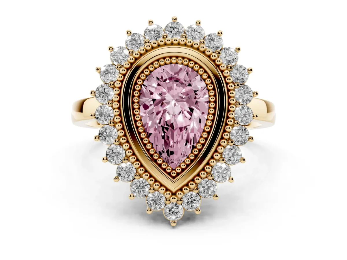 Fancy Pink Pear Cut Halo Diamond Ring with Milgrain Edge and Round Prong Setting Yellow gold