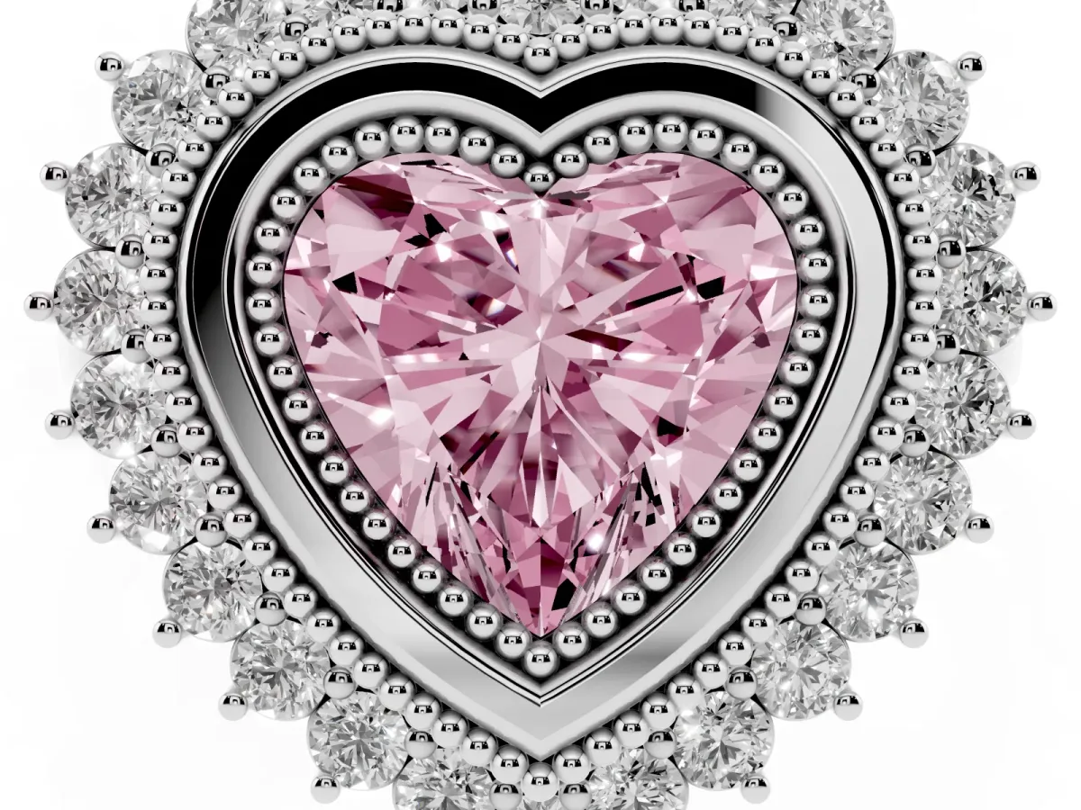Fancy Pink Heart Cut Halo Diamond Ring with Milgrain Edge and Round Prong Setting Silver