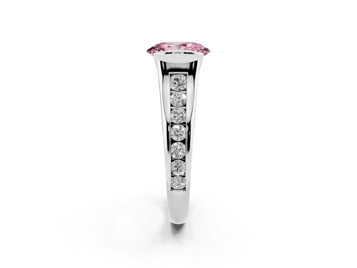 Fancy Pink Oval Cut Solitaire Bezel-Set Diamond Ring with Channel-Set Band Silver