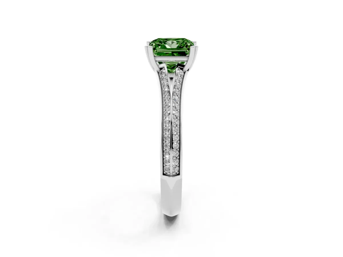 Fancy Green Princess Cut Diamond Split Shank Engagement Ring with Pavé Band Silver