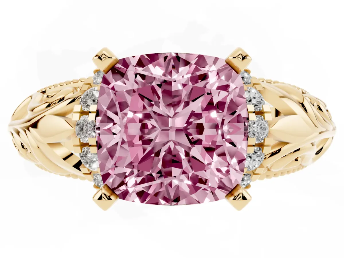 Fancy Pink Cushion Cut Solitaire Filigree Engagement Ring with Halo and Prong Setting Yellow gold