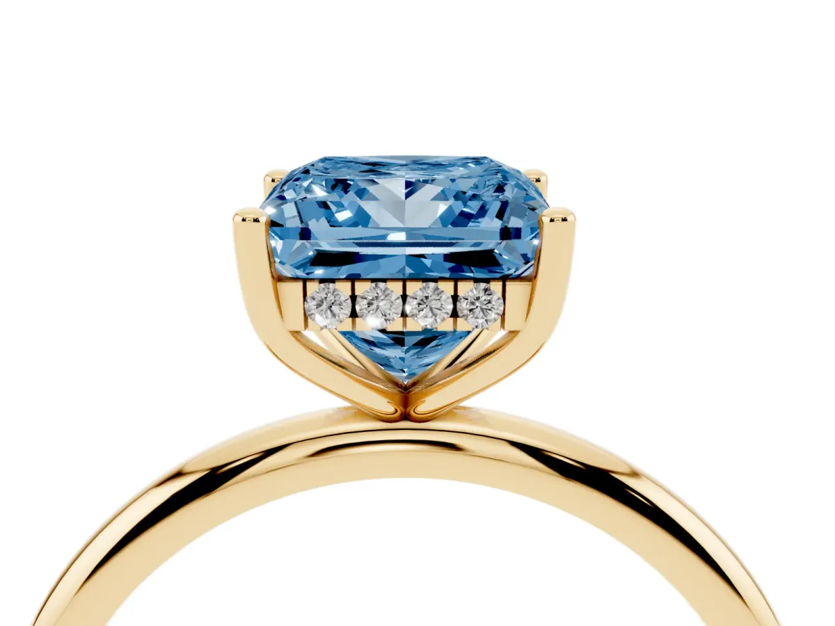 Fancy Blue Princess Cut Cut Solitaire Engagement Ring with Four-Prong Setting and Classic Band Yellow gold