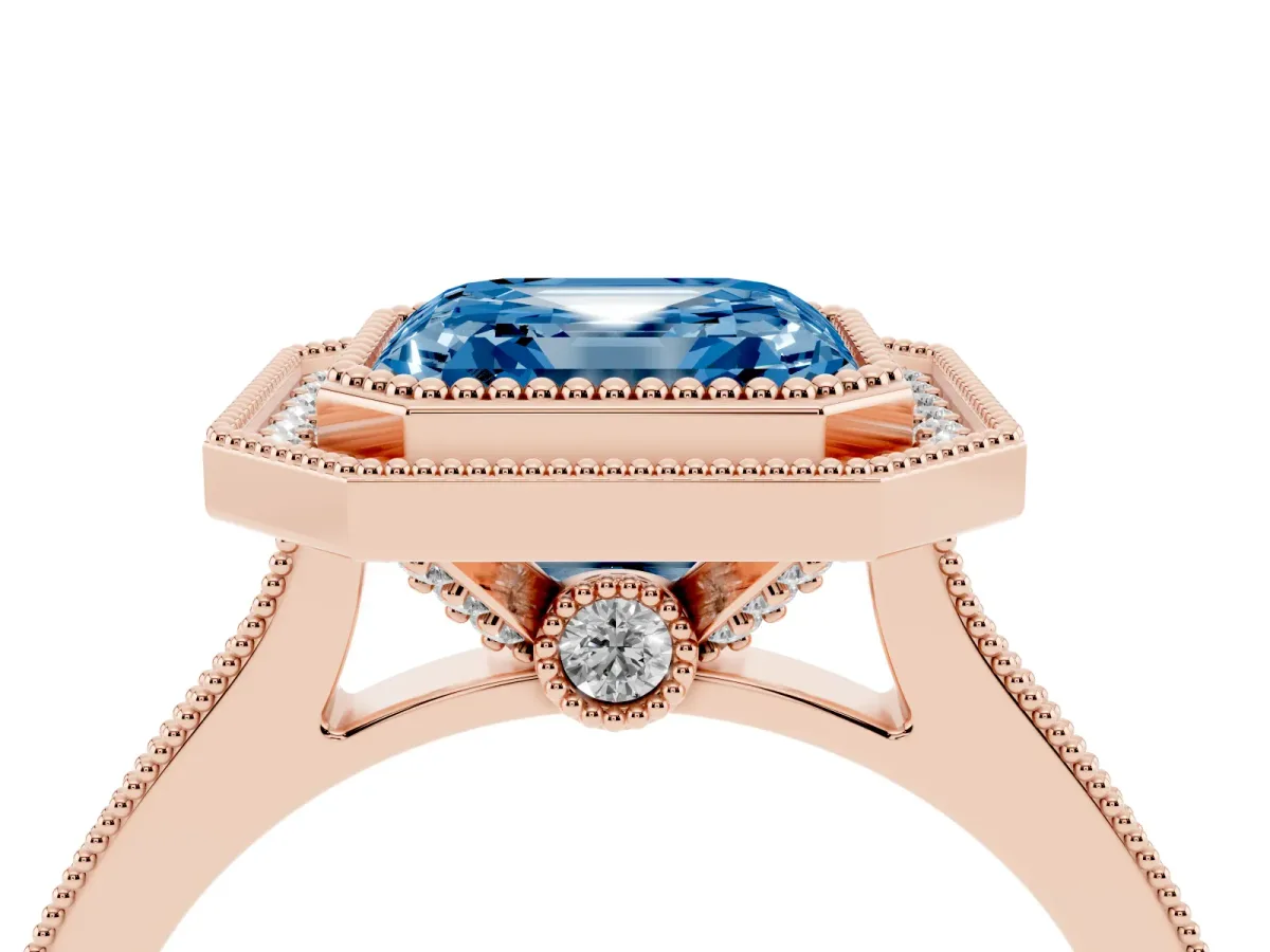 Fancy Blue Halo Asscher Cut-Cut Diamond Pave Band Milgrain Prong Setting Ring Rose gold