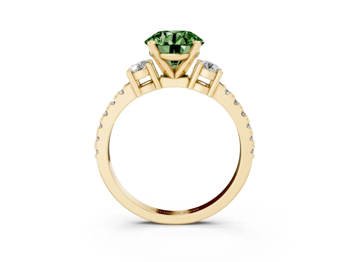 Fancy Green Round Cut Three-Stone Diamond Pavé Band with Prong Setting Yellow gold