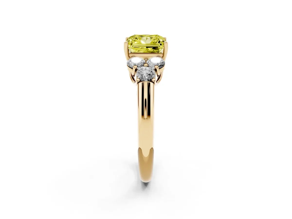 Fancy Yellow Princess Cut Cut Diamond Cluster Ring with Round Accent Stones and Prong Setting on a Classic Band Yellow gold