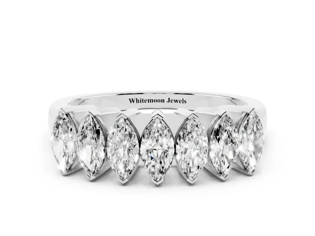 Marquise Diamond Prong Set White Gold Curved Band Silver