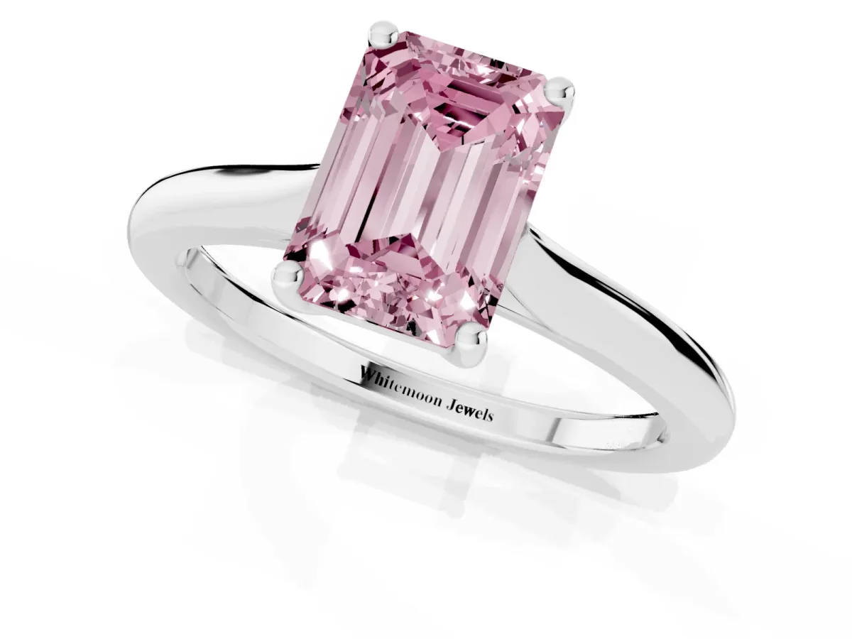 Fancy Pink Emerald Cut Cut Solitaire Ring with Cathedral Band and Four-Prong Setting Platinum