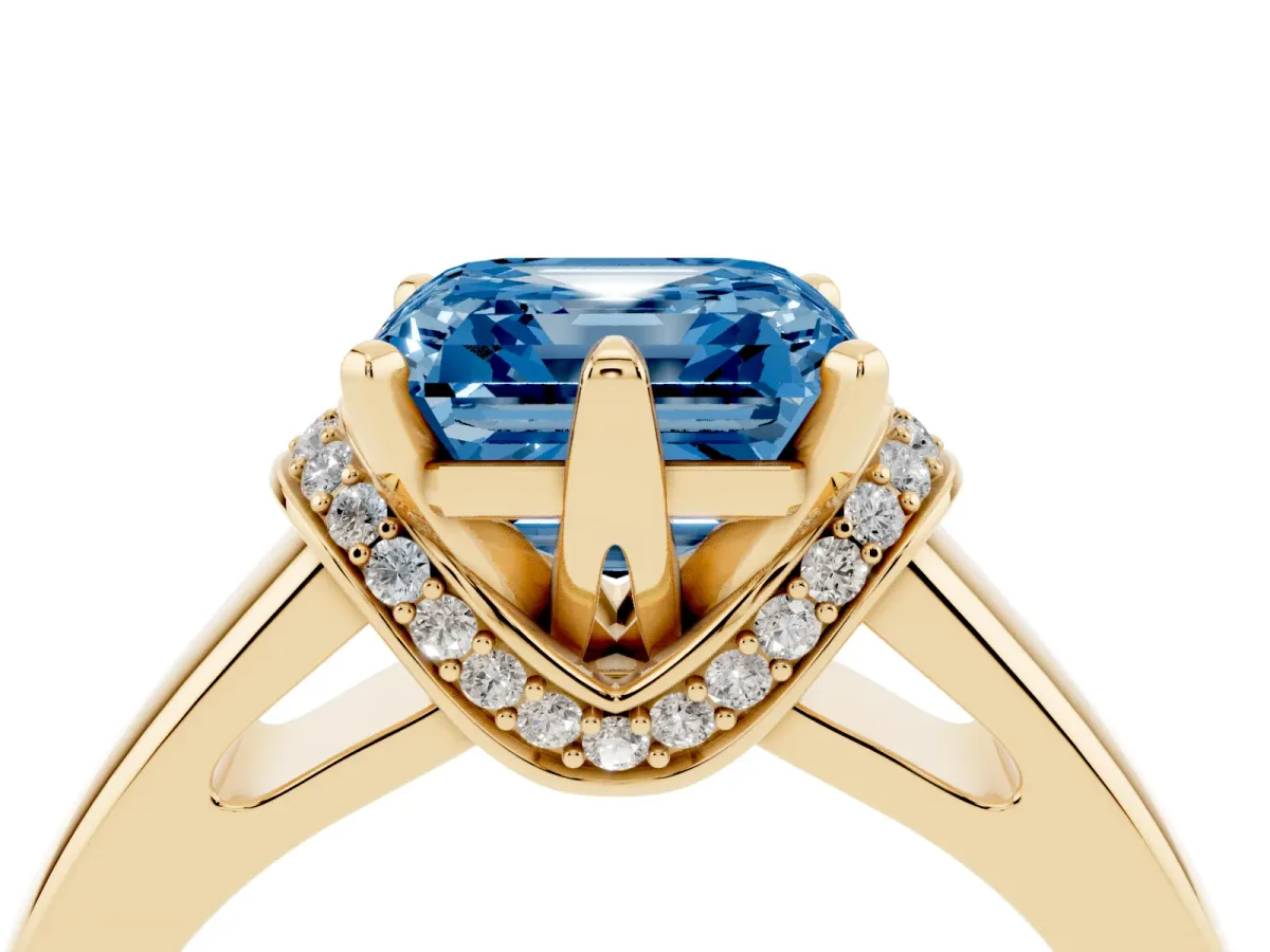 Fancy Blue Asscher Cut Solitaire Diamond Ring with Pave Band and Six-Prong Setting Yellow gold