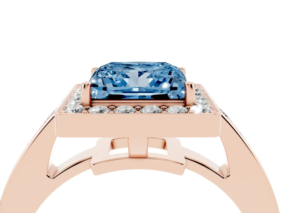 Fancy Blue Princess Cut Halo Pavé Diamond Engagement Ring with Bezel Setting Rose gold