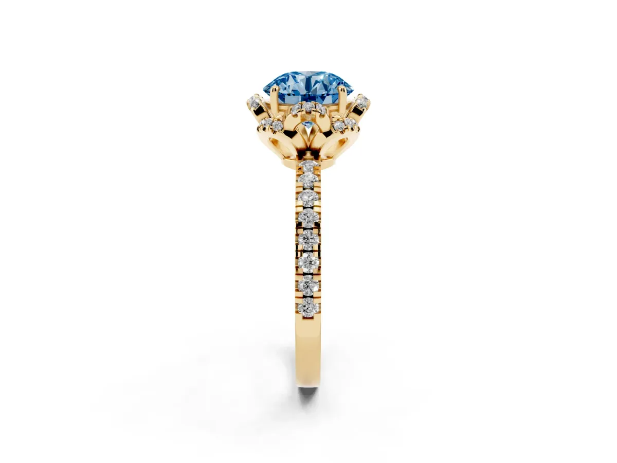 Fancy Blue Round Cut Diamond Halo Pave Band with Four-Prong Setting Yellow gold