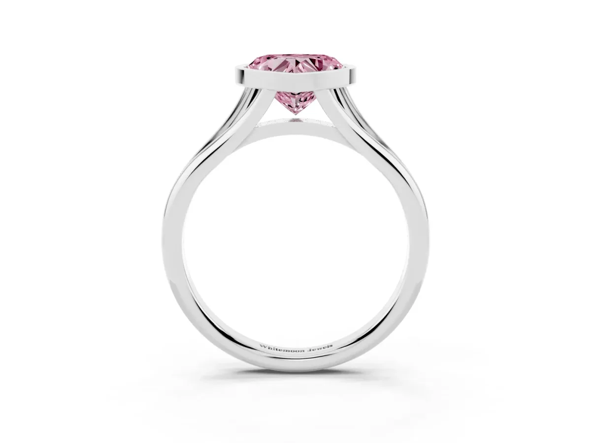 Fancy Pink Bezel Set Heart Cut Cut Solitaire Ring with Tapered Band Silver