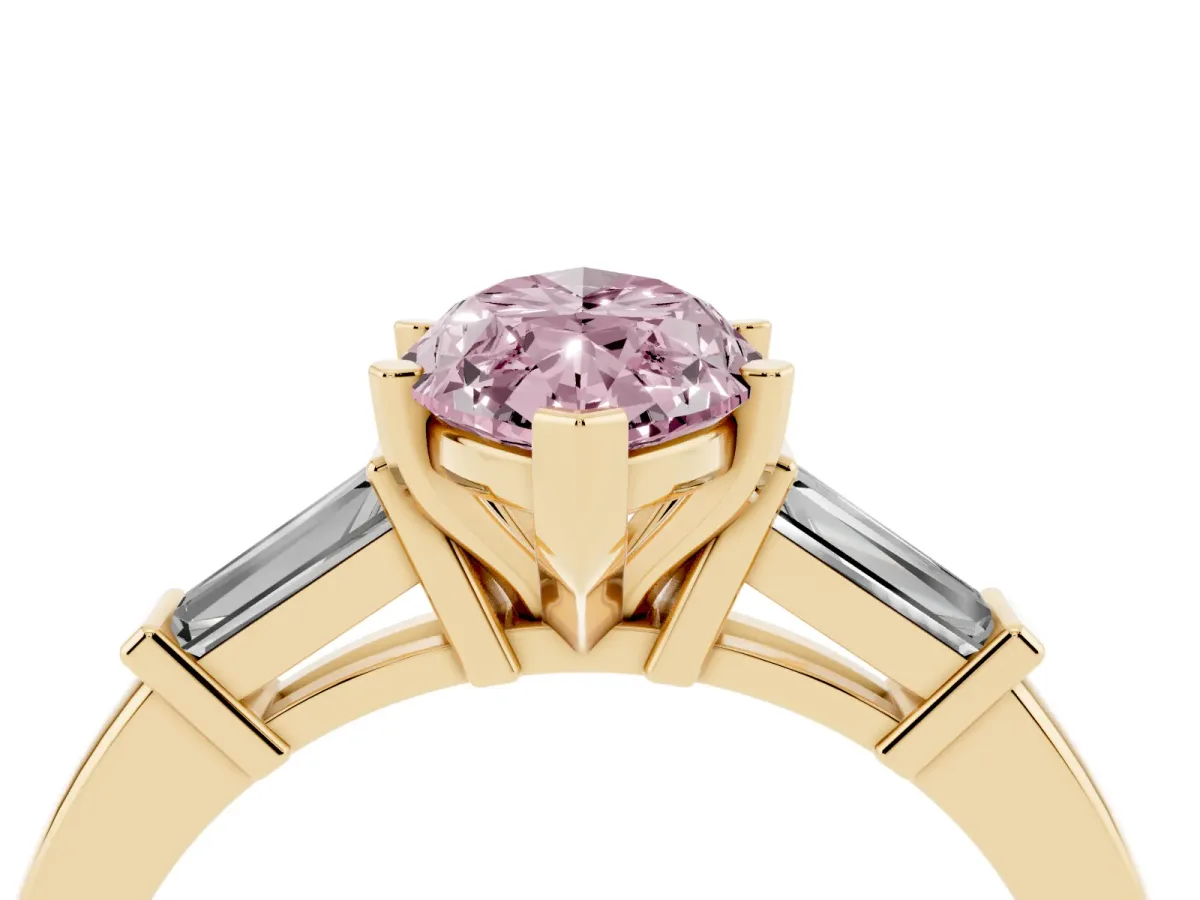 Fancy Pink Marquise Cut Cut Diamond Solitaire Ring with Tapered Baguette Accents and Four-Prong Setting Yellow gold